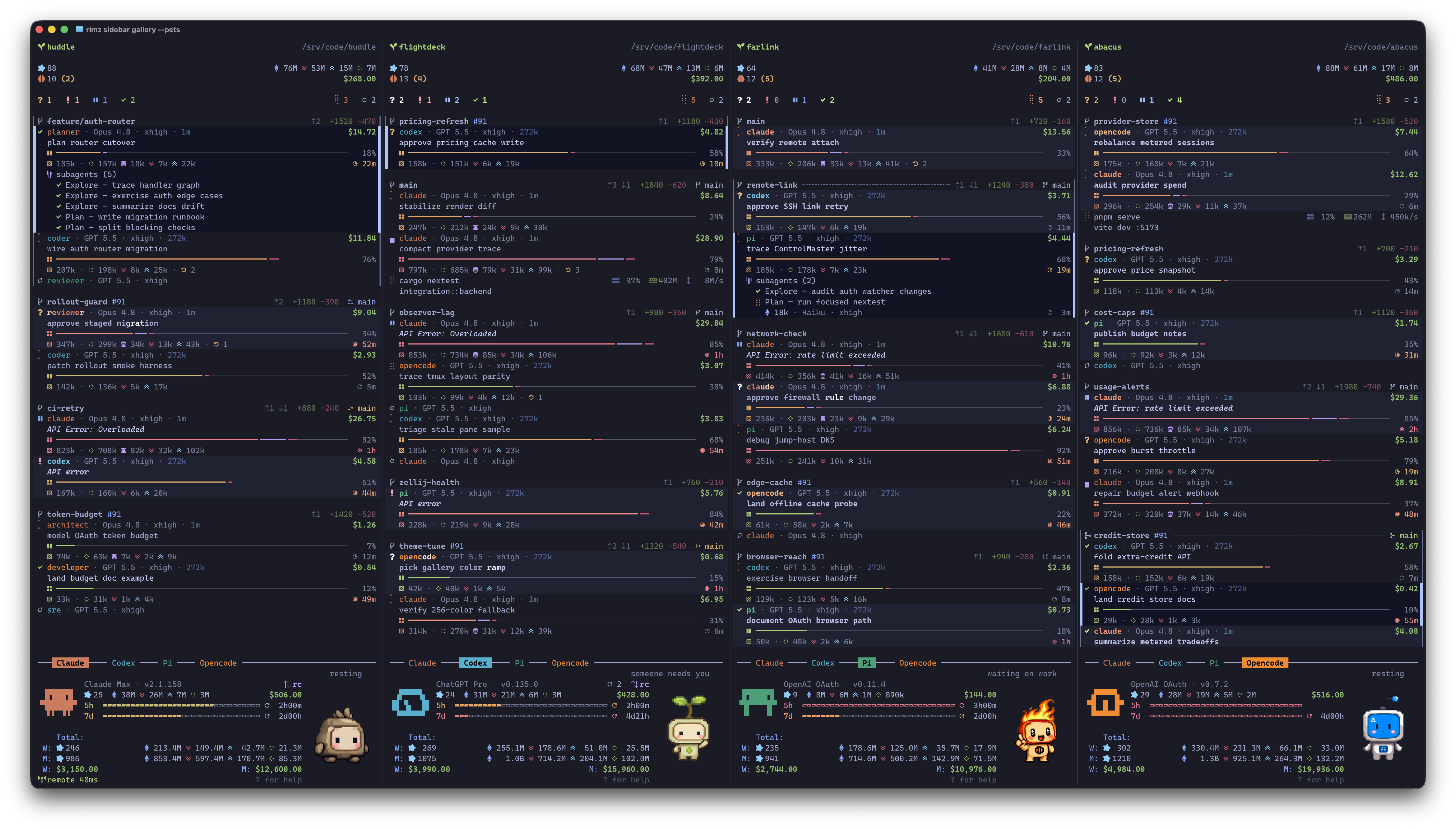 The RimZ sidebar in detail: agent cards with model and effort, context health bars, token mix, live cost, and a provider dashboard tracking plan and budget windows.