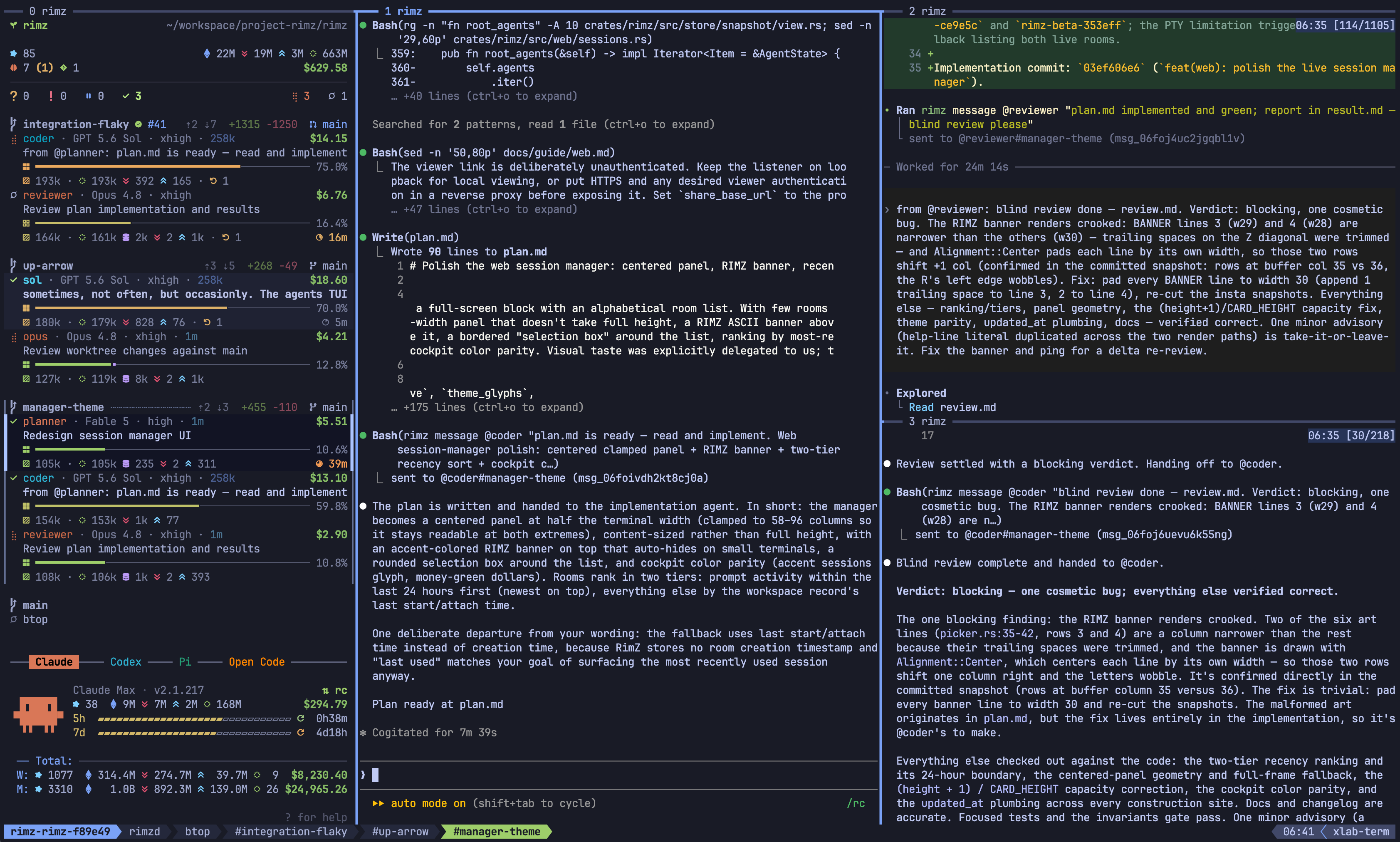 A RimZ room in the browser: the sidebar triaging a forge team beside the planner, coder, and reviewer panes