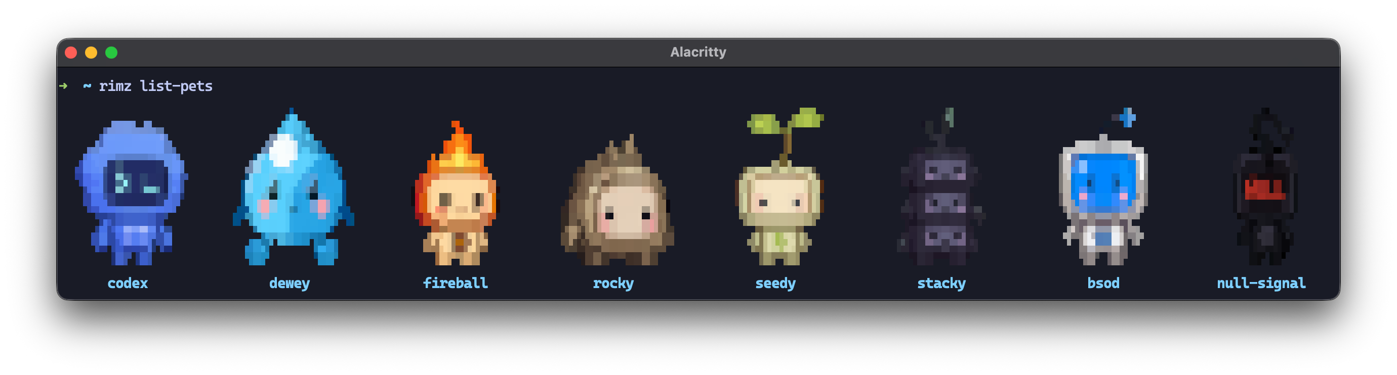 rimz list-pets in Alacritty: the same built-in pets rendered as sextant cell art