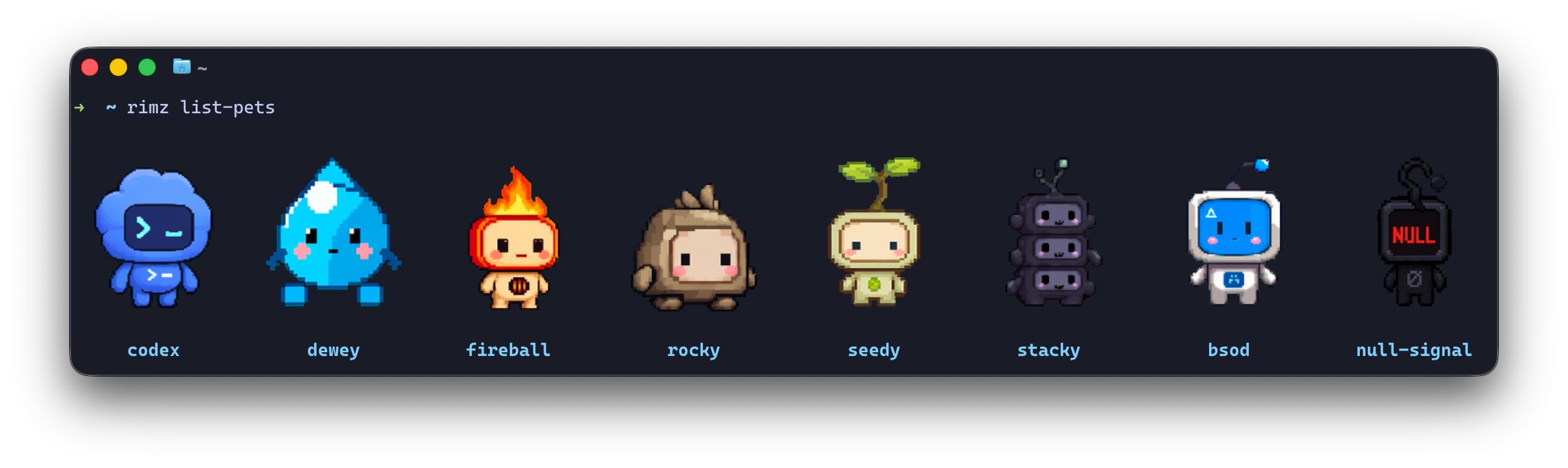 rimz list-pets in Ghostty: the eight built-in pets rendered as crisp pixels