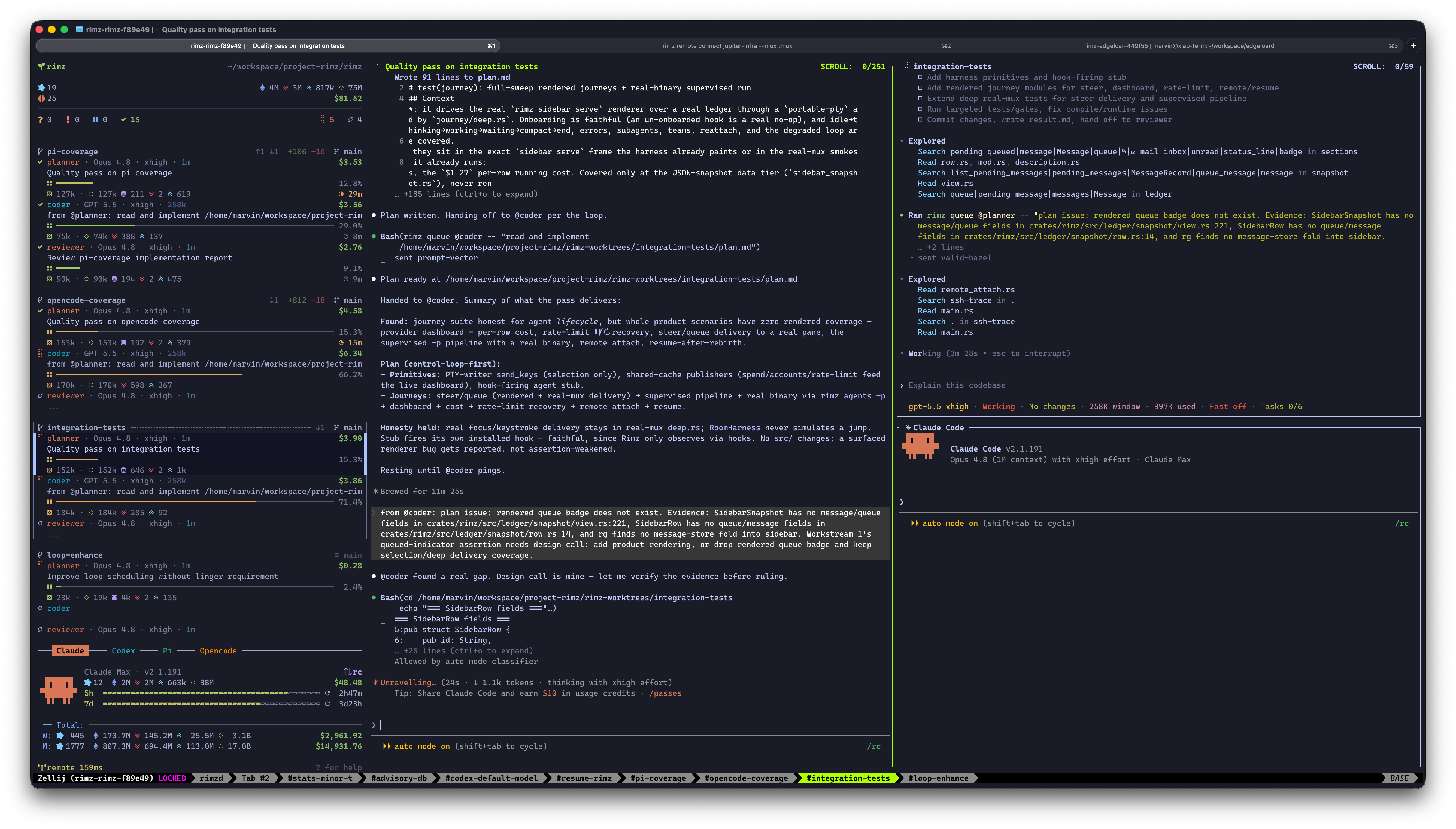 A RimZ room running forge teams: the coder messages the planner about a gap in the plan, and the planner takes the design call