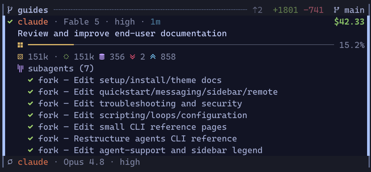 A finished agent card under its worktree header: identity and cost, description, context meter, token line, and the seven subagents it fanned out this turn