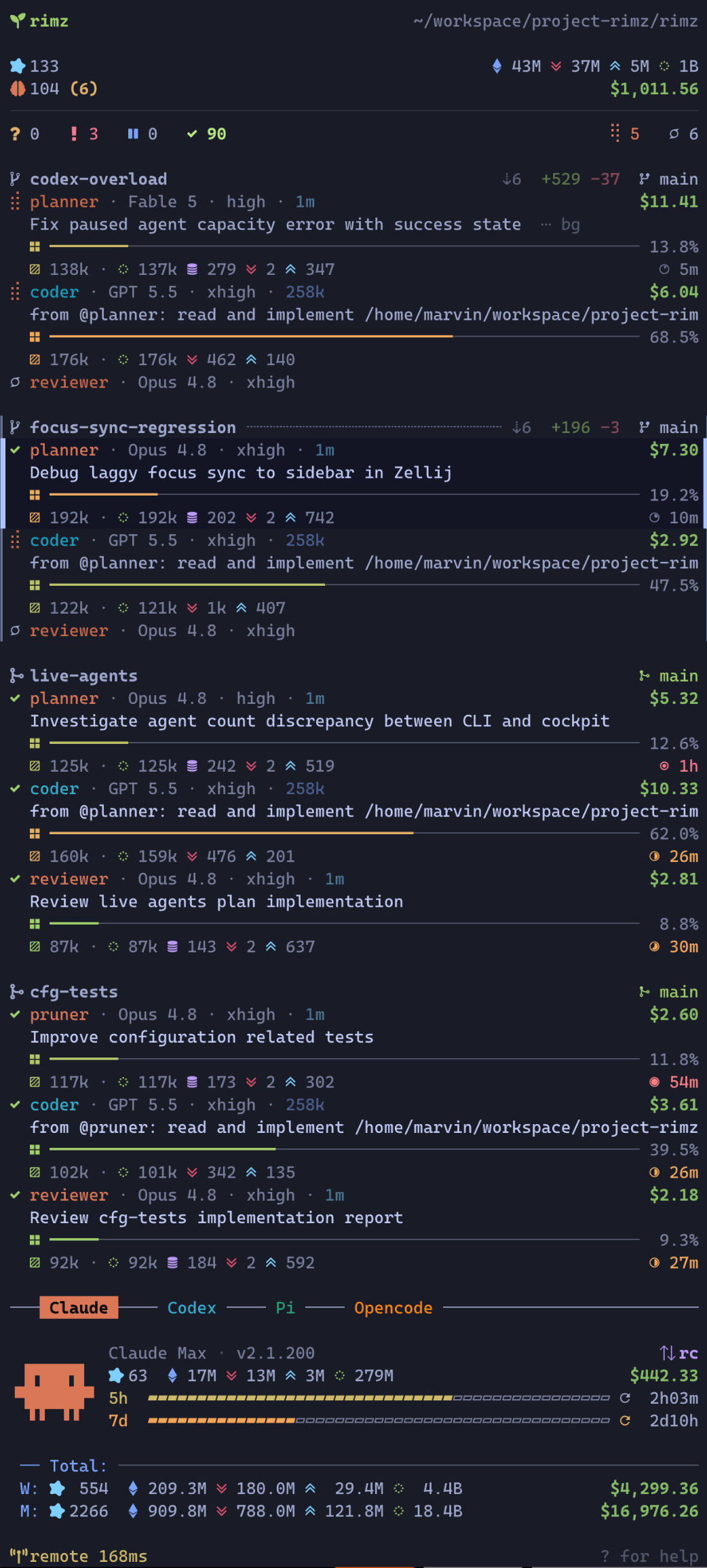 The sidebar: cockpit on top, triaged agent cards by worktree, provider dashboard at the bottom